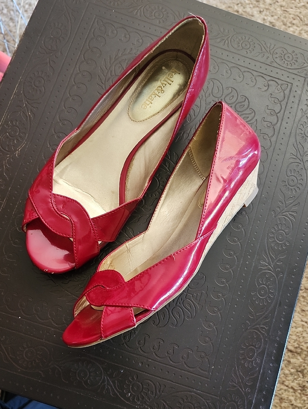 Kelly & Katie Rrd Patent Peep-Toe Wedge Heels With Cork Details